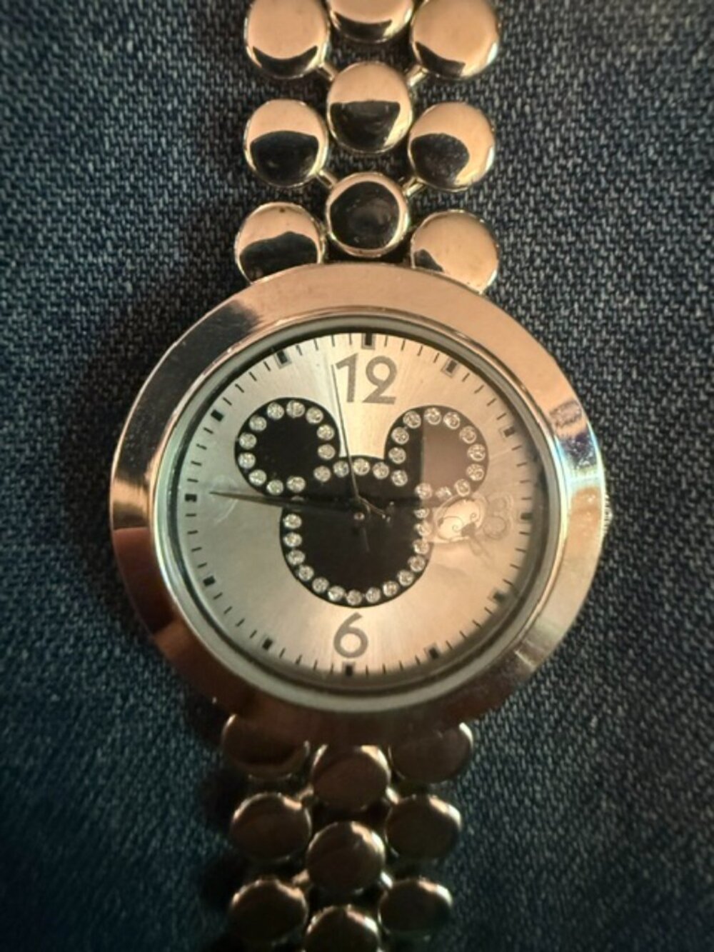 Vintage Disney Time Works Mickey Mouse Rhinestone Silver-Tone Watch - 33mm Case